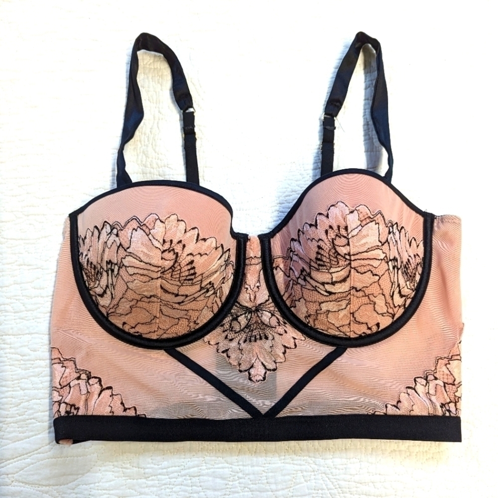 Auden Long line Bra Bustier  Sheer Pink Mesh with Floral Lace M coquette